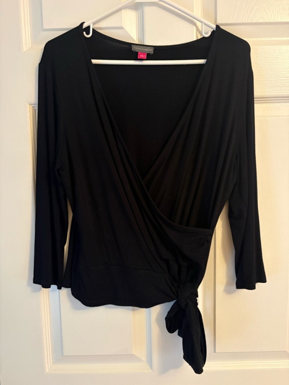 Vince Camuto Black Faux Wrap Tie-Front Long Sleeve Top, size large